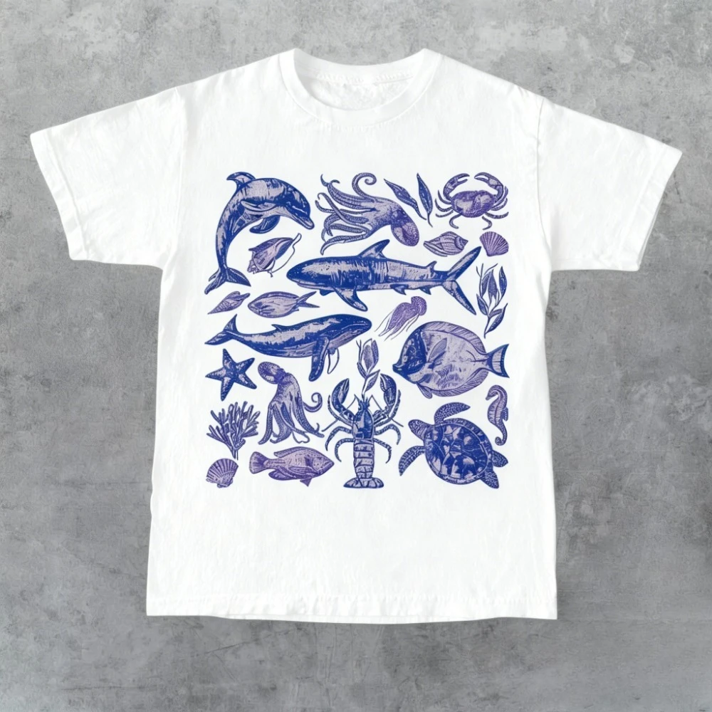 Sea Creatures Retro 90s Tshirt Ocean Lovers Nature Shirt Sealife Ocean Plants Shirt Fish Lovers Gift Sea Animlas Ocean Shirts
