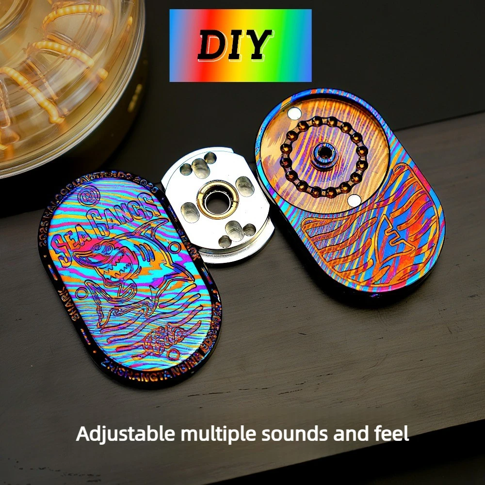 HALOOPLAYER EDC Sea Shark Rhythm, Juguete Mecánico de Titanio Damasco de Edición Limitada, Tipo Push-and-Rotate