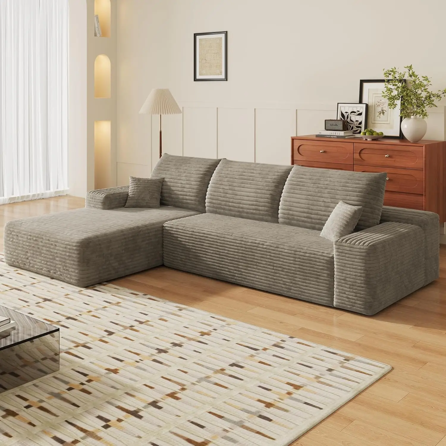 

Бескаркасный диван-кровать 107 дюймов с L-образным шезлонгом, секционный диван-трансформер из плюшевого вельвета, глубокие удобные диваны для гостиной, на заказ