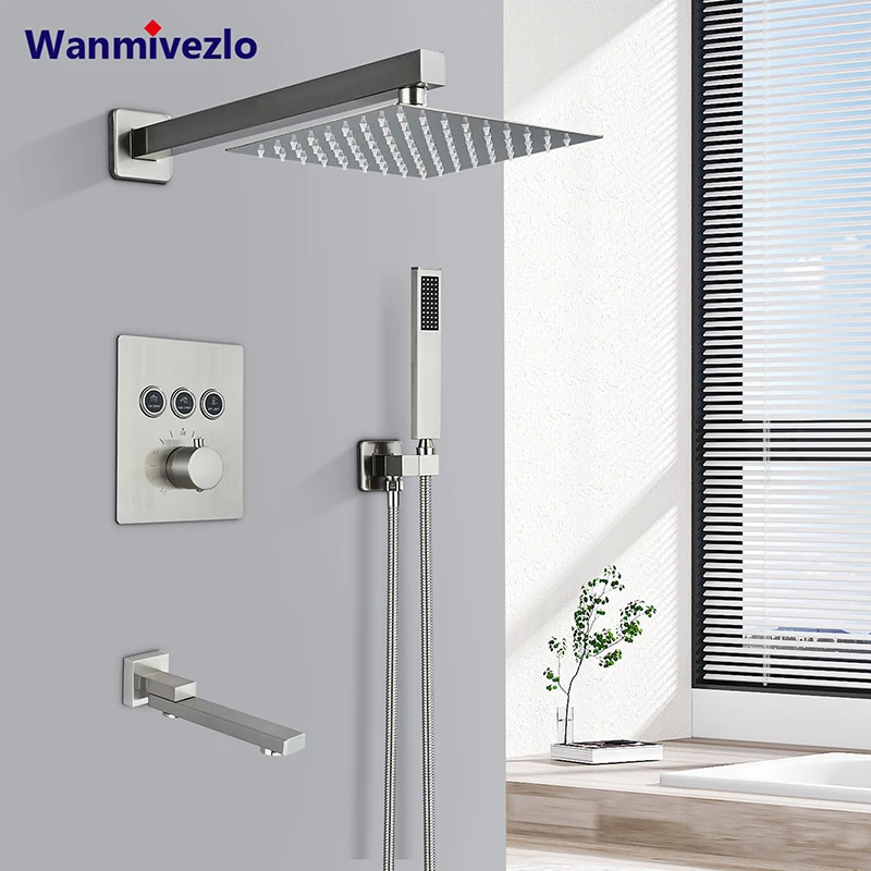 Матовый никель, набор смесителей для душа с постоянной температурой, встроенный картриджный смеситель, насадка для душа с дождевой насадкой, вращающийся/водопадный излив для ванны