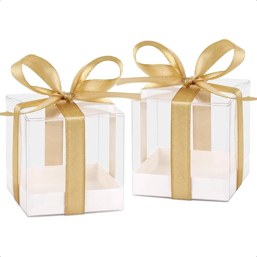 50 Pack Favor Boxes 2x2x2 Inches Clear Candy Treat Boxes with Gold Ribbons Mini Plastic Gift Boxes for Wedding Birthday Party B