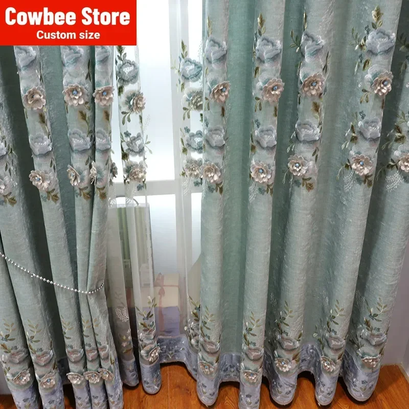 Maximosa Curtains for Living Dining Room Bedroom Thickened Chenille Embroidered Korean Curtains