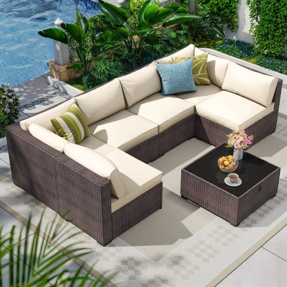 

7 Piece Outdoor Patio Furniture Set,W/Water Resistant Washable Thick Cushions and Coffee Table,Rattan Wicker Set Sectional Sofa