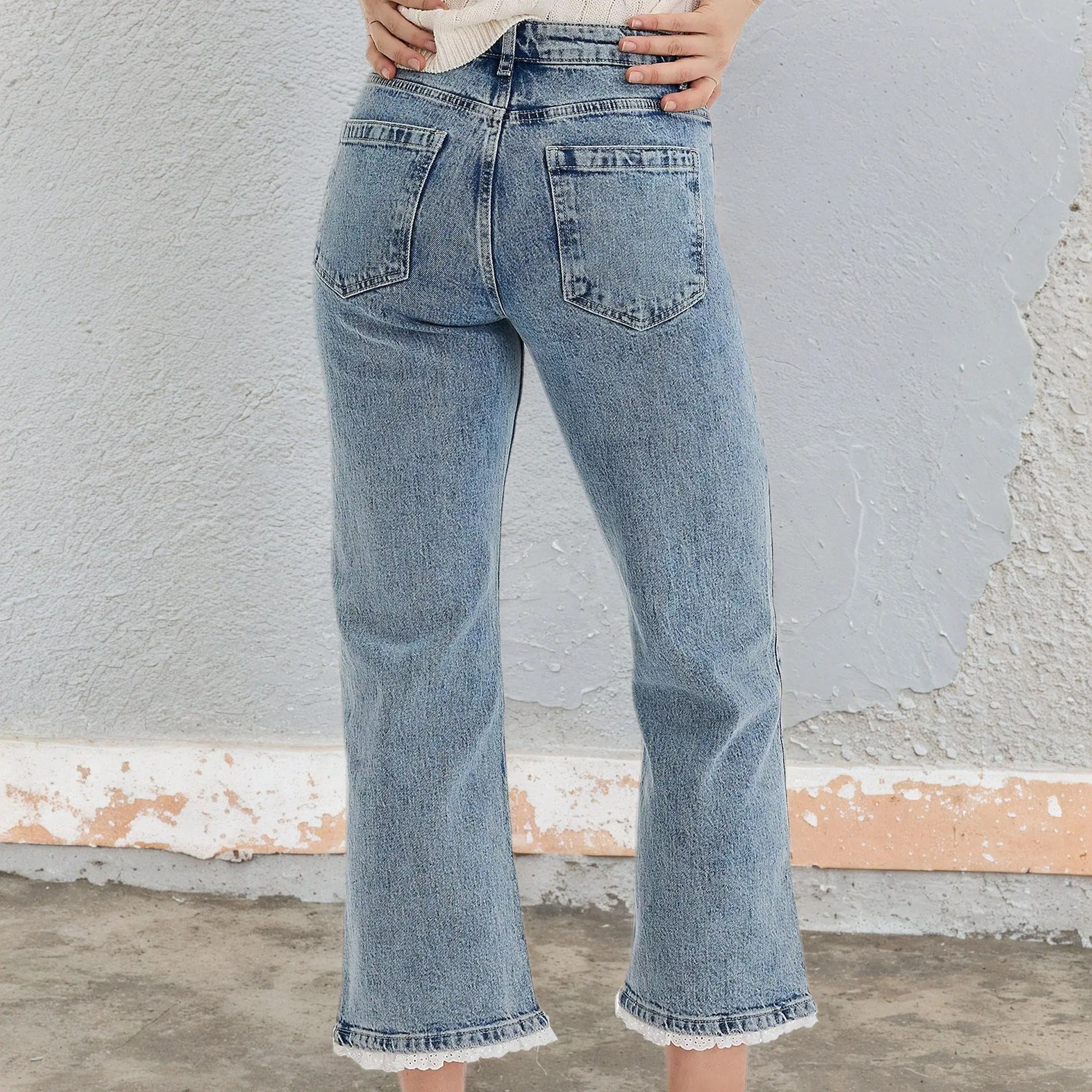 Women's Slim Tall Denim Trousers Versatile Comfortable Fashionable Lace Flared Design for Ladies Ankle Length Jeans
