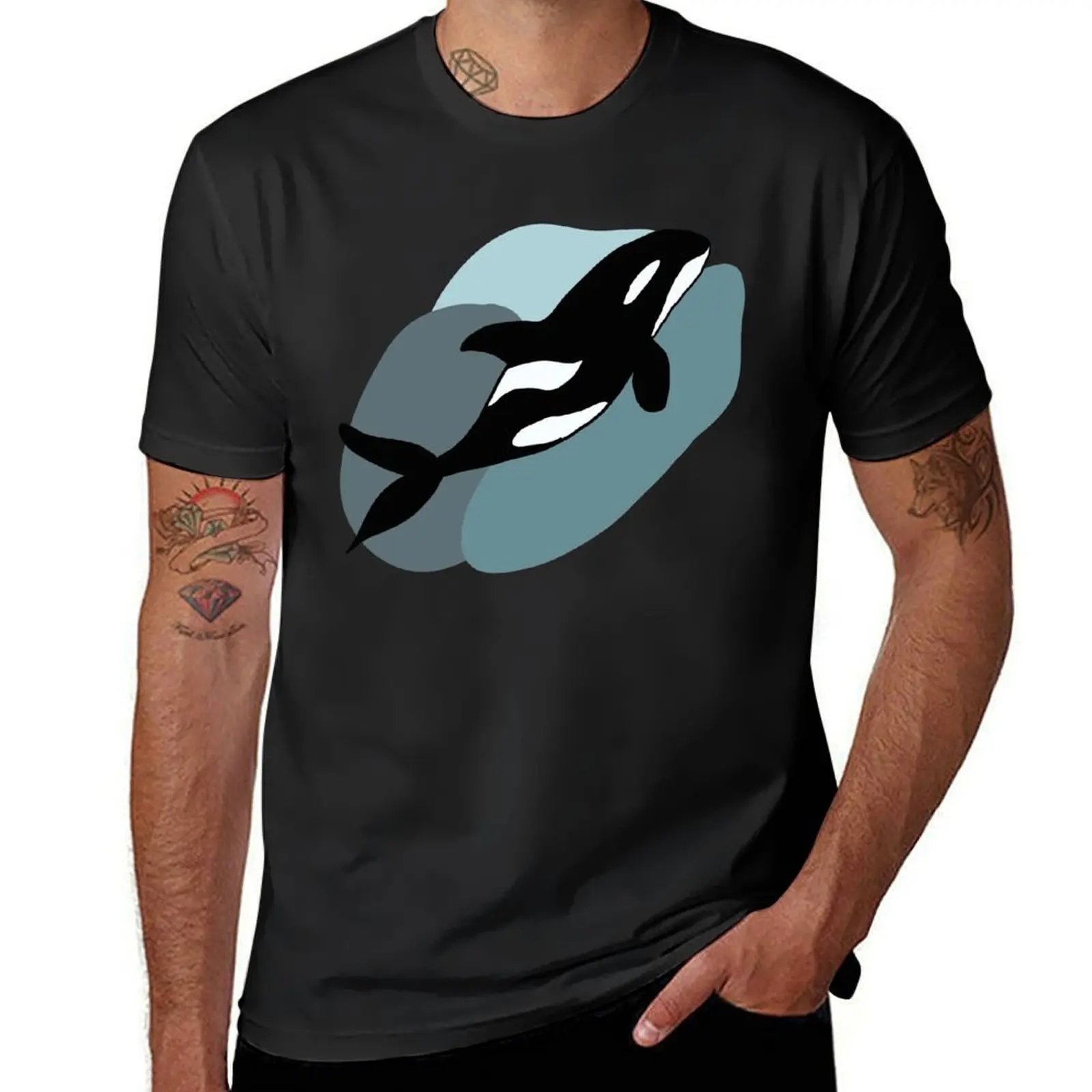 Orca with Blue and Gray background T-Shirt vintage graphic tee custom t shirt customs Men's t-shirts