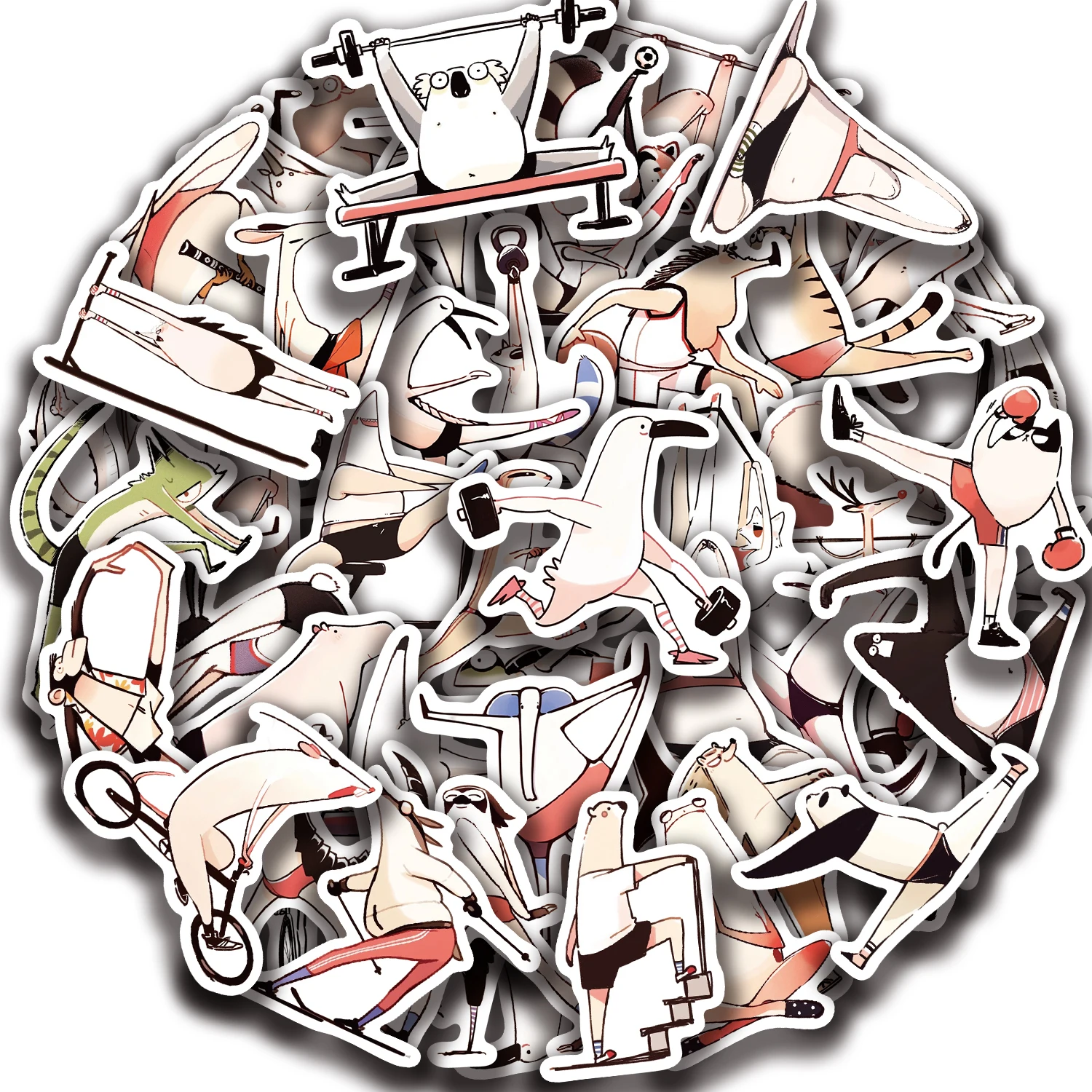 50pcs Fantasy Fitness Animal Characters Stickers Cartoon Pattern Suitable for Cell Phone Cases Laptops Guitars Journals