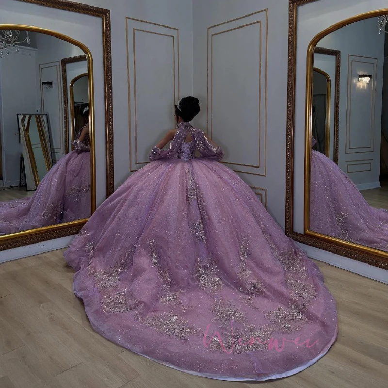 فساتين Quinceanera لامعة مخصصة مكشوفة الكتفين للأميرة مزينة بالدانتيل والخرز من التول لحفلات أعياد الميلاد 15 #4