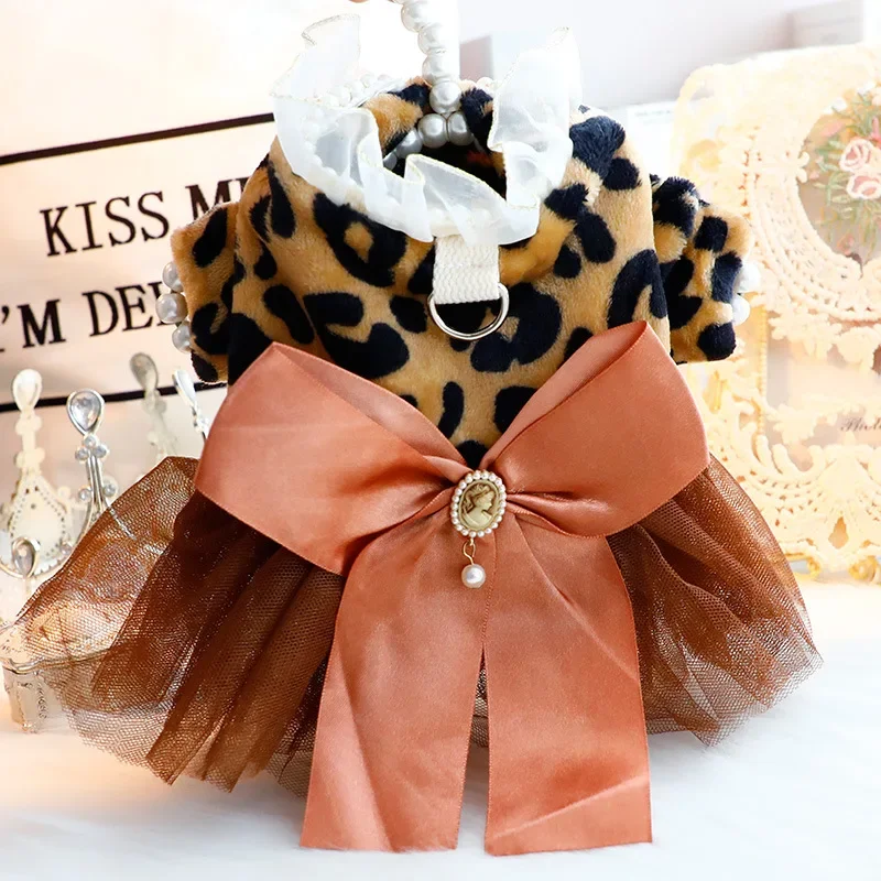 Puppy Dog Retro Leopard Dresses Autumn New Fashion Khaki Bow Lace Dress For Small Medium Dogs Chihuahua Poodle Pet Clothes XS-XL