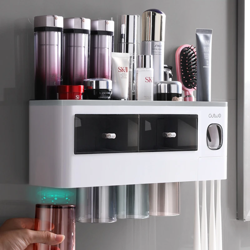 Multifunction Magnetic Toothbrush Holder With Cups Bathroom Accessories Set Automatic Toothpaste Dispenser Squeezer Storage Rack