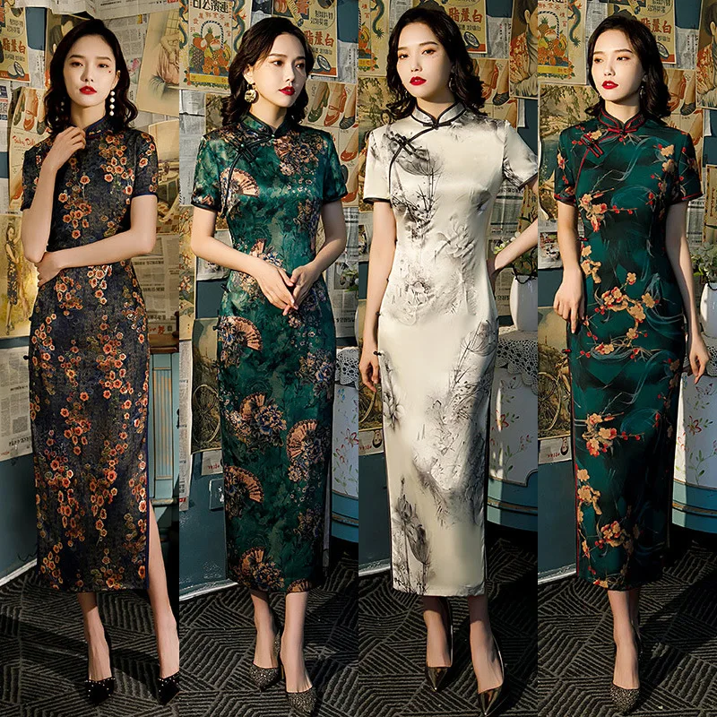 Summer 2025 Wide-Brimmed Eight-Button Retro Stand-Up Collar Long Cheongsam Dress for Women Daily Improved Female Fashion
