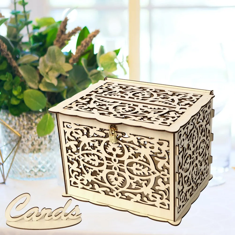 

Wood Wedding Storage Box Small Size Hollow Out Design Lock Key Candy Card Flower Holder Wedding Favor Box DIY Handmade Decor