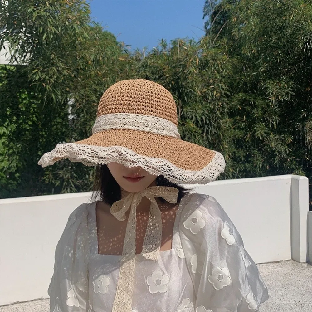 

Elegant Wide-Brimmed Summer Straw Hat Foldable Hollow Sun Hat Lace Trim Beach Cap Women