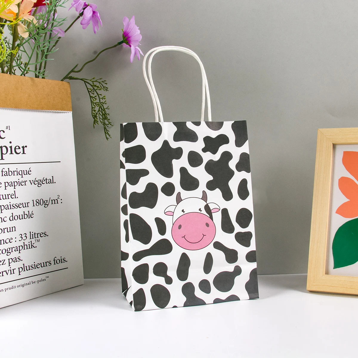 12Pcs Cow Print Party Favors Bags Cute Cow Goodies Paper Gift Bags with Handle Farm Animal Theme Kids Birthday Party Decorations