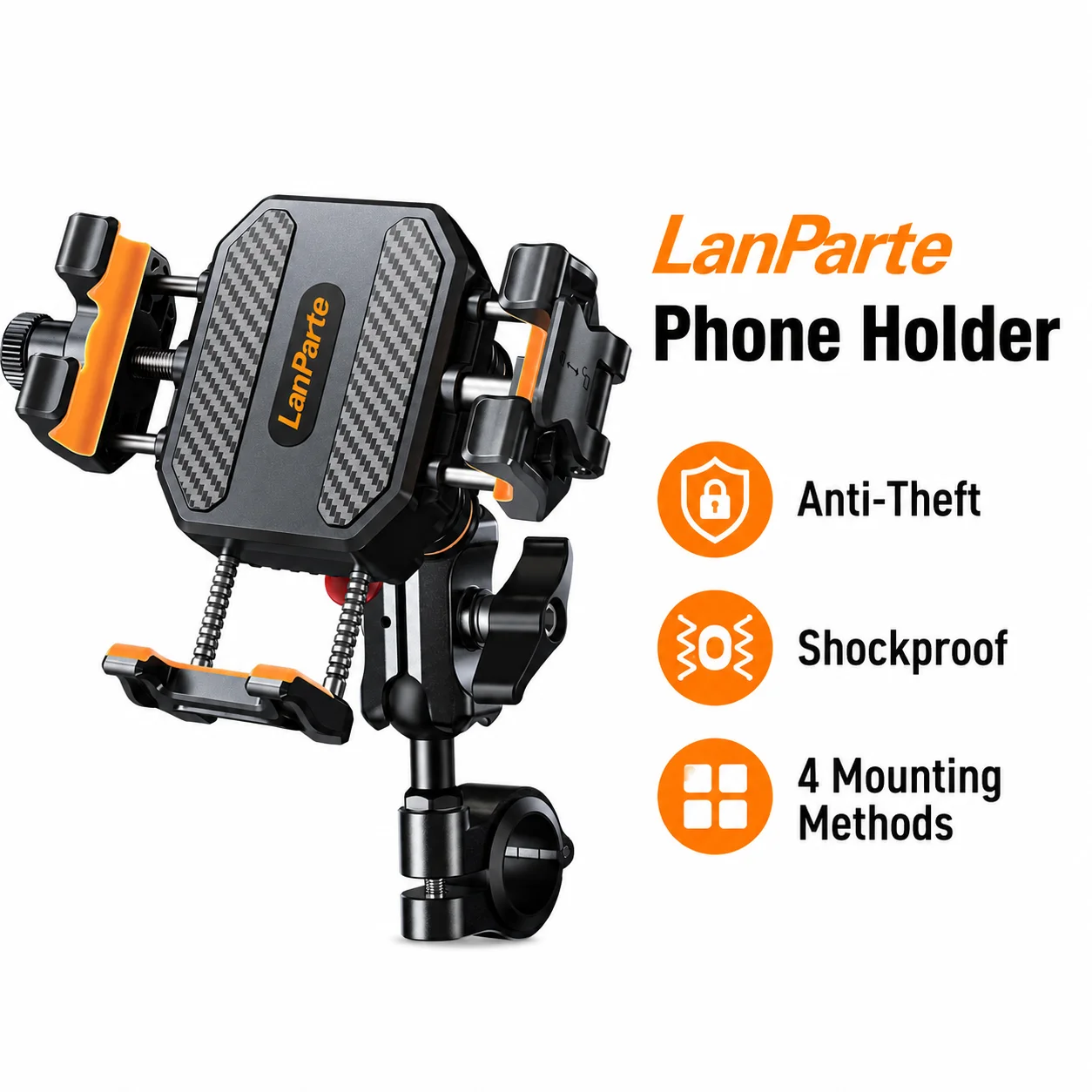 

LanParte Motorcycle Phone Holder Anti Theft Shockproof Bike Phone Mount 360° Rotation Handlebar Holder for 5.4-7.2 inch Phones