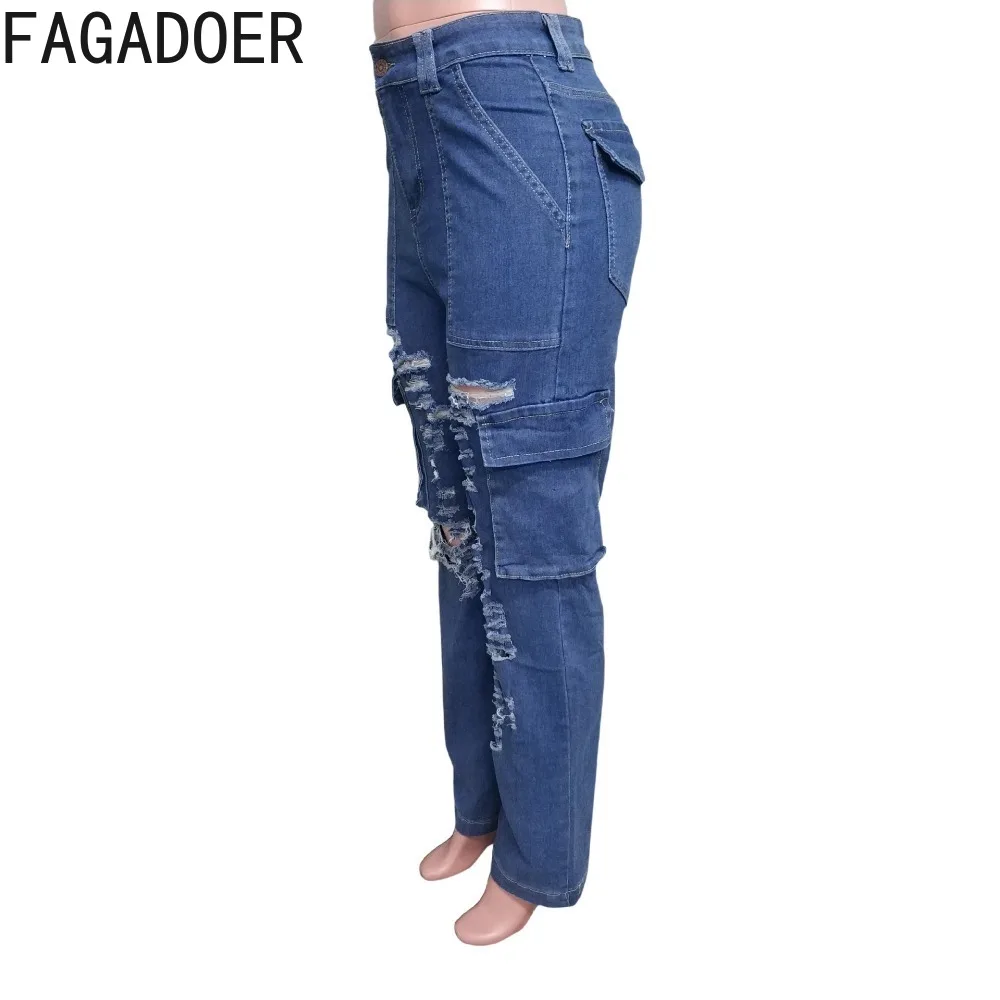 FAGADOER Blue Fashion Denim Hole Straight Pants Women High Waist Button Pocket Loose Jean Trousers Casual Female Cowboy Bottoms