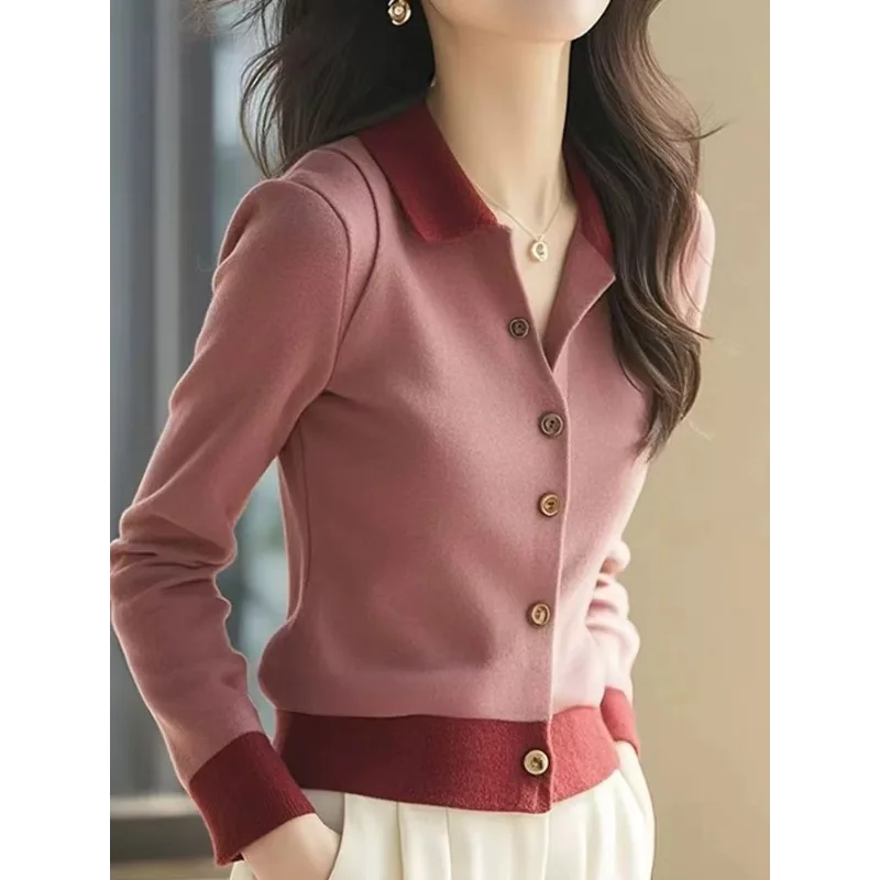 Fashionable Color-blocking Polo Collar Knitted Top Women Autumn Winter New Casual Single-breasted Cardigan Jacket