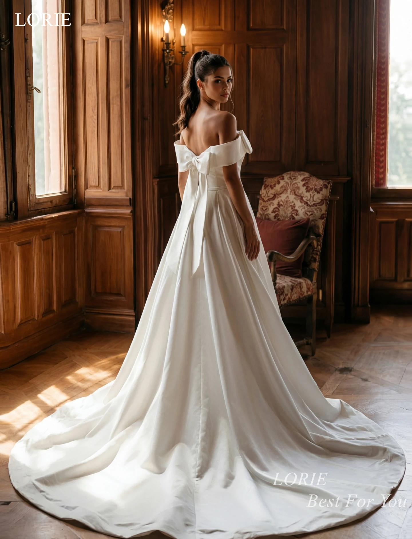 

LORIE Elagant Satin Wedding Dresses Bow Off The Shoulder Bridal Gowns Backless A-Line Train Women Vestido De Novia Customized