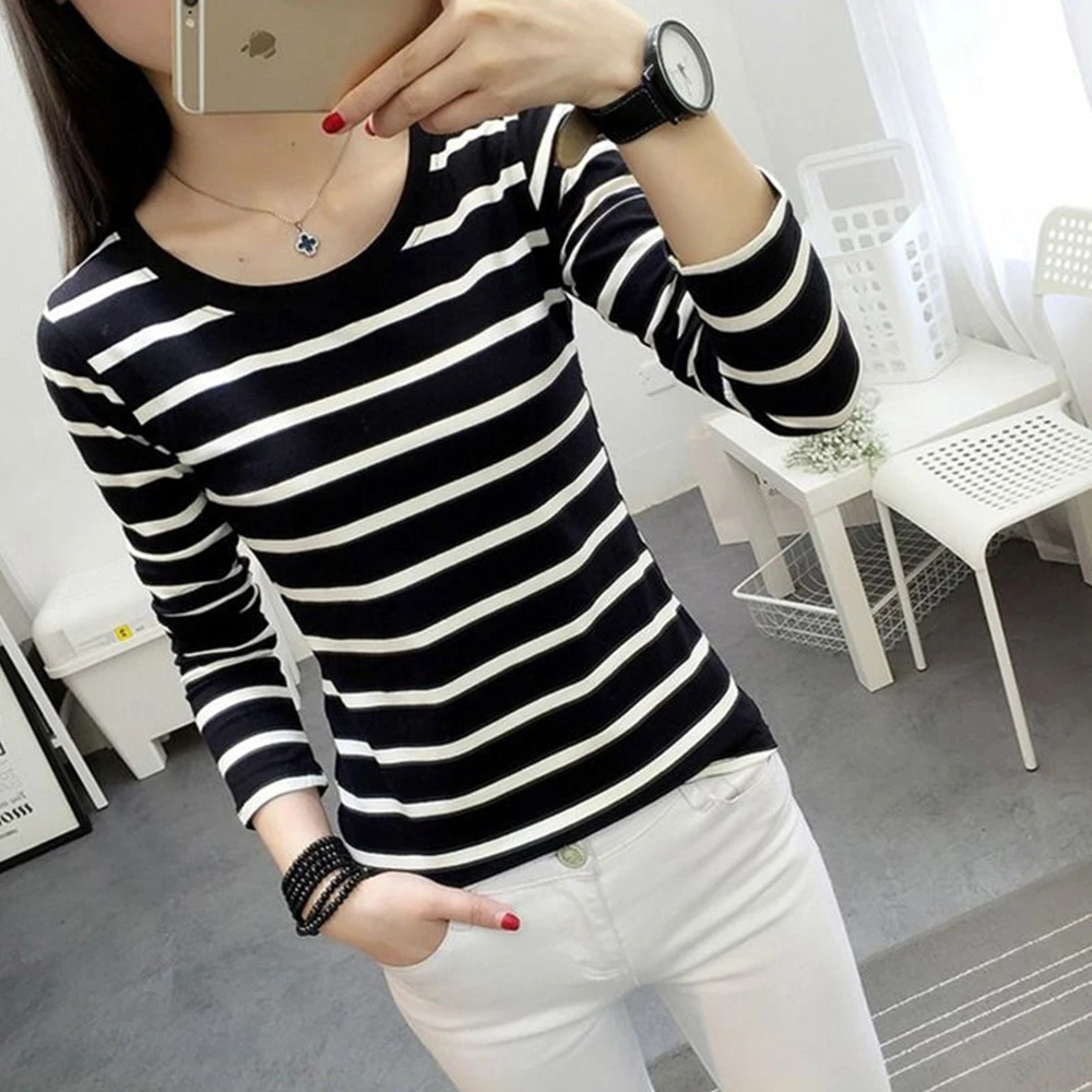 Nice Women's Spring And Autumn Striped Bottoming Shirts Versatile Loose Bottoming Shirts Woman Sleeves Slim V-neck Bottoming Shi