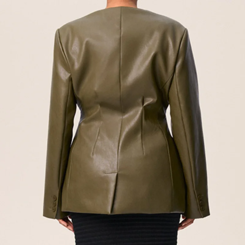 グリーンヴィンテージレザーVネックシングルボタンギャザーウエストブレザージャケット2025秋ファッションレディースハイストリートコート