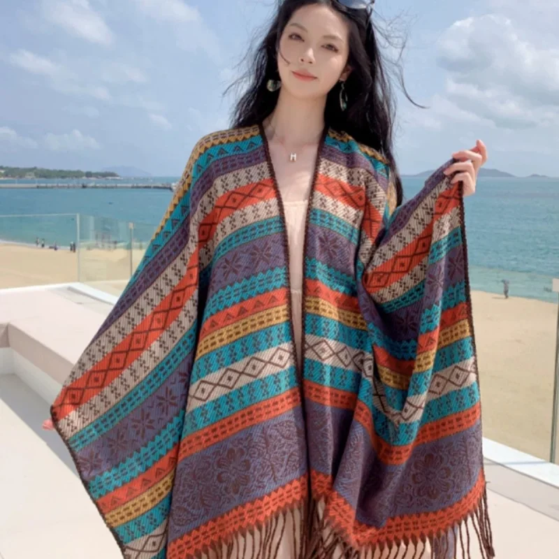 Ethnic Style Xinjiang Xizang Yunnan Lijiang Travel Versatile Tassel Cape Jacquard Warm Striped Cape