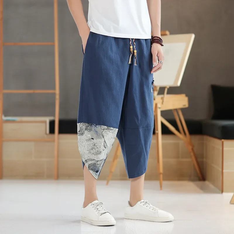 Japanese Kimono Men\'s Cotton Linen Samurai Clothing Patchwork Print Retro Harem Pants Loose Shorts Harajuku Hip Hop Pants