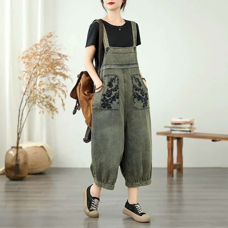 Denim Jumpsuits for Women Korean Style Rompers Vintage Playsuits Embroidery Harem Pants Casual Overalls One Piece Outfit Women