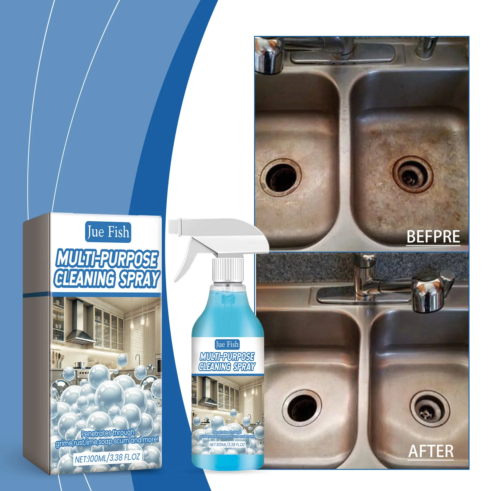 JUE-FISH-limpiador de espuma para cocina, elimina las manchas tenaces, elimina el olor, grasa, desengrasante, pulverizador de limpieza multiusos