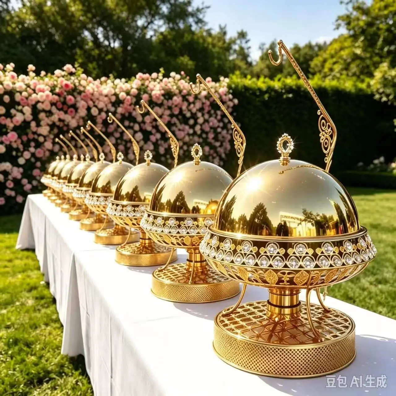 Golden stainless steel circular hanging insulated pot with glass cover and stove, suitable for wedding event catering services
