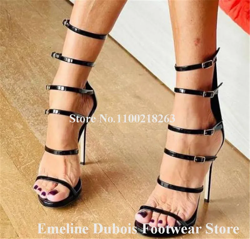 Thin Straps Stiletto Heel Gladaitor Sandals Emeline Dubois Black Gold Patent Leather Buckles Dress Shoes Sexy Party Heels