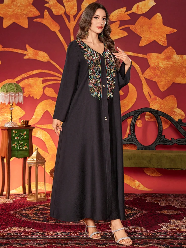 TOLEEN Damen knöchellange Kleider, elegante arabische bunte Seil-Stickerei, prächtige muslimische Robe, elegantes Party-Abendkleid