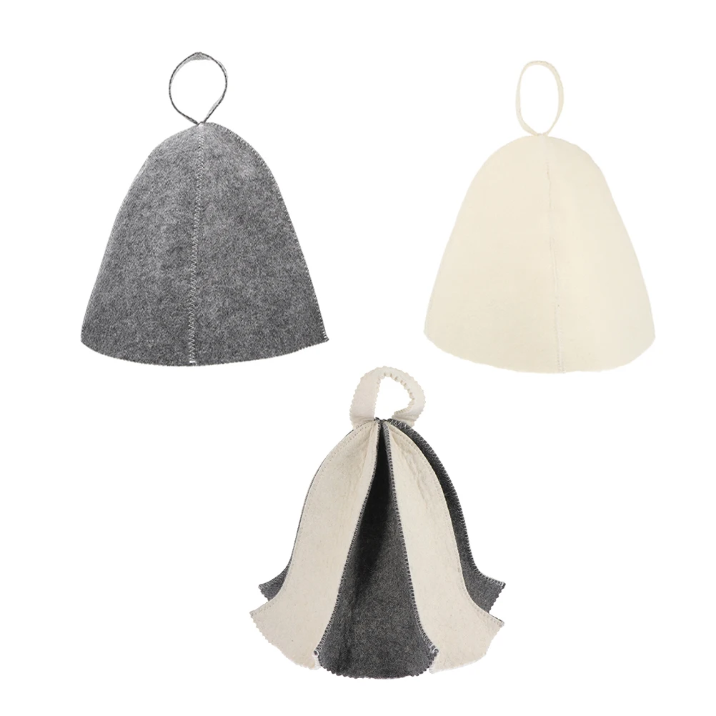 

3pcs Sauna Bath Hat Felt Material Reusable Bathing Hair Cap Stylish Supple Breathable Spa Headwear Black White Grey Sizes Adult