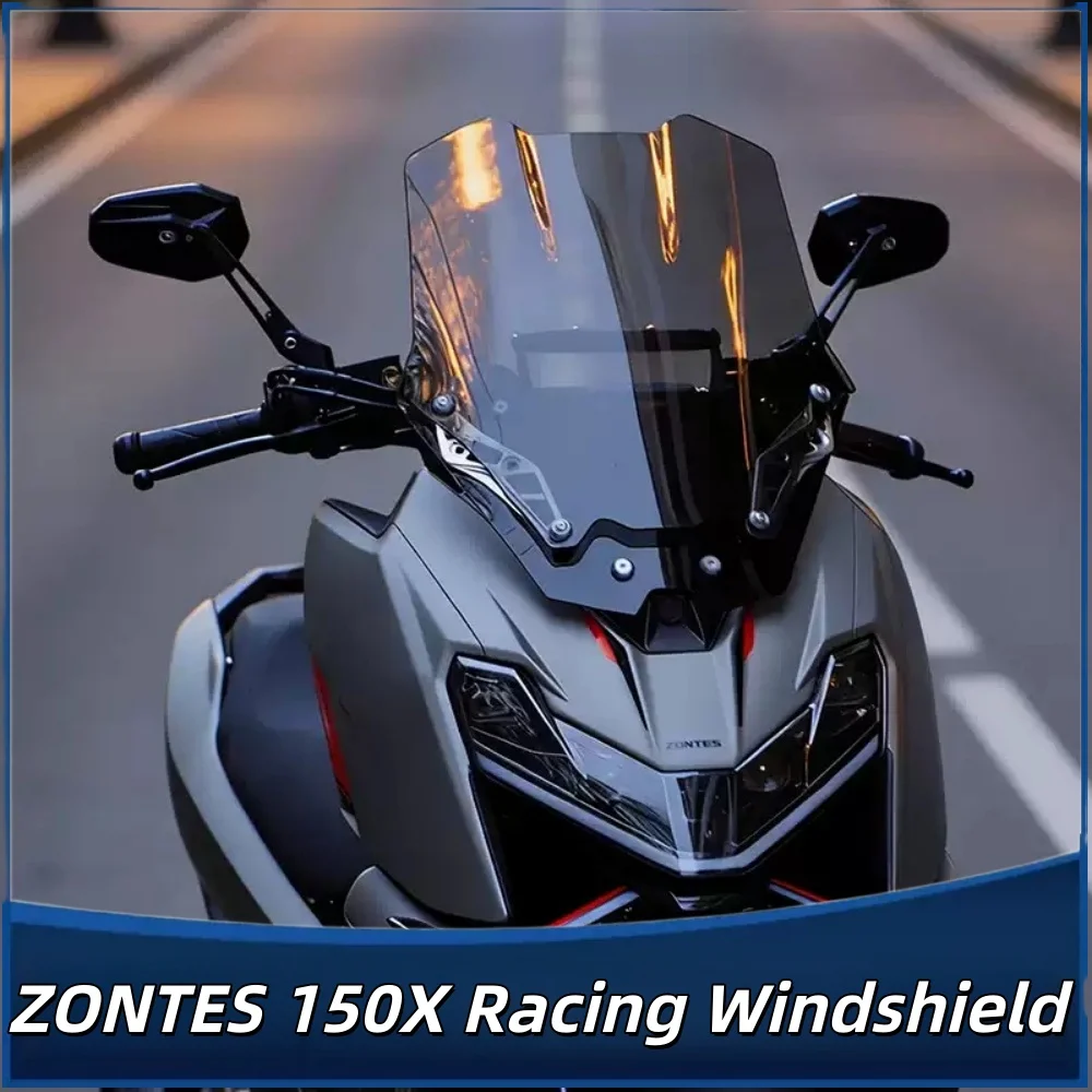 For ZONTES 150X racing windshield modification: blacked-out windshield with chest protector and transparent rain guard.