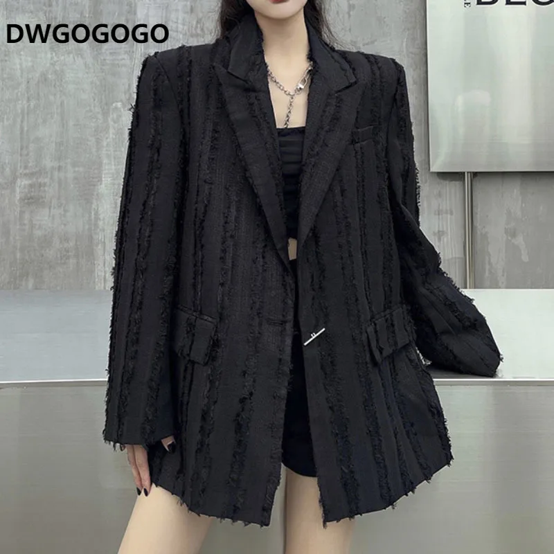 Loose Fit Black Tassels Oversized Blazer Coat New Long Sleeve Women Fashion Autumn 2023 High Street Jacket for Women