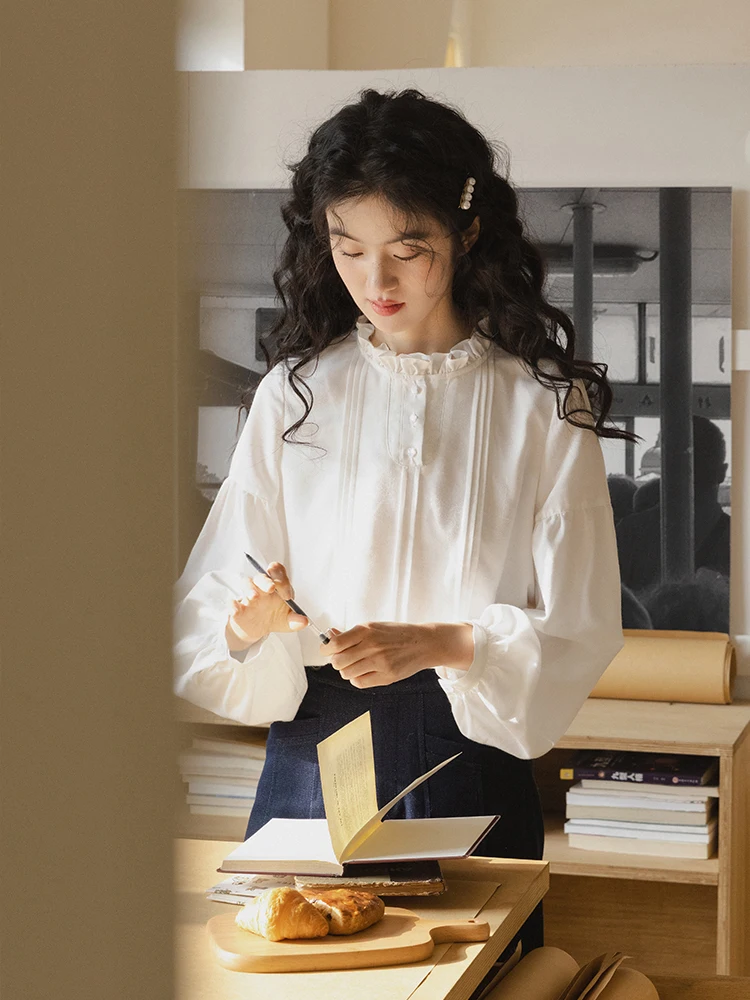 

Nesoulum женский белый цвет воротник-стойка Long Sve свободный крой винтажный хлопковый дышащий удобный повседневный топ