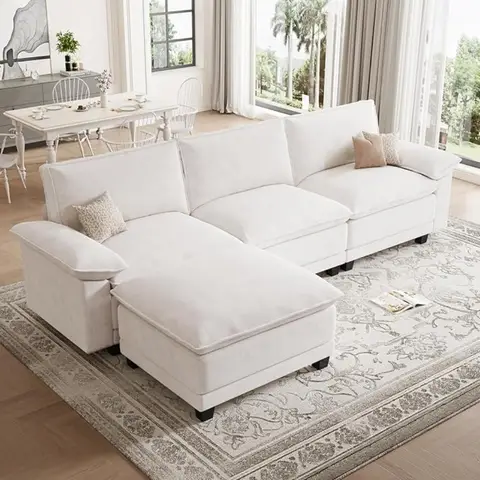 Modern L Shaped Sofa Couches for Living Room, Modular Sectional Cloud Couch with Movable Ottoman, Comfy Chenille, Customized