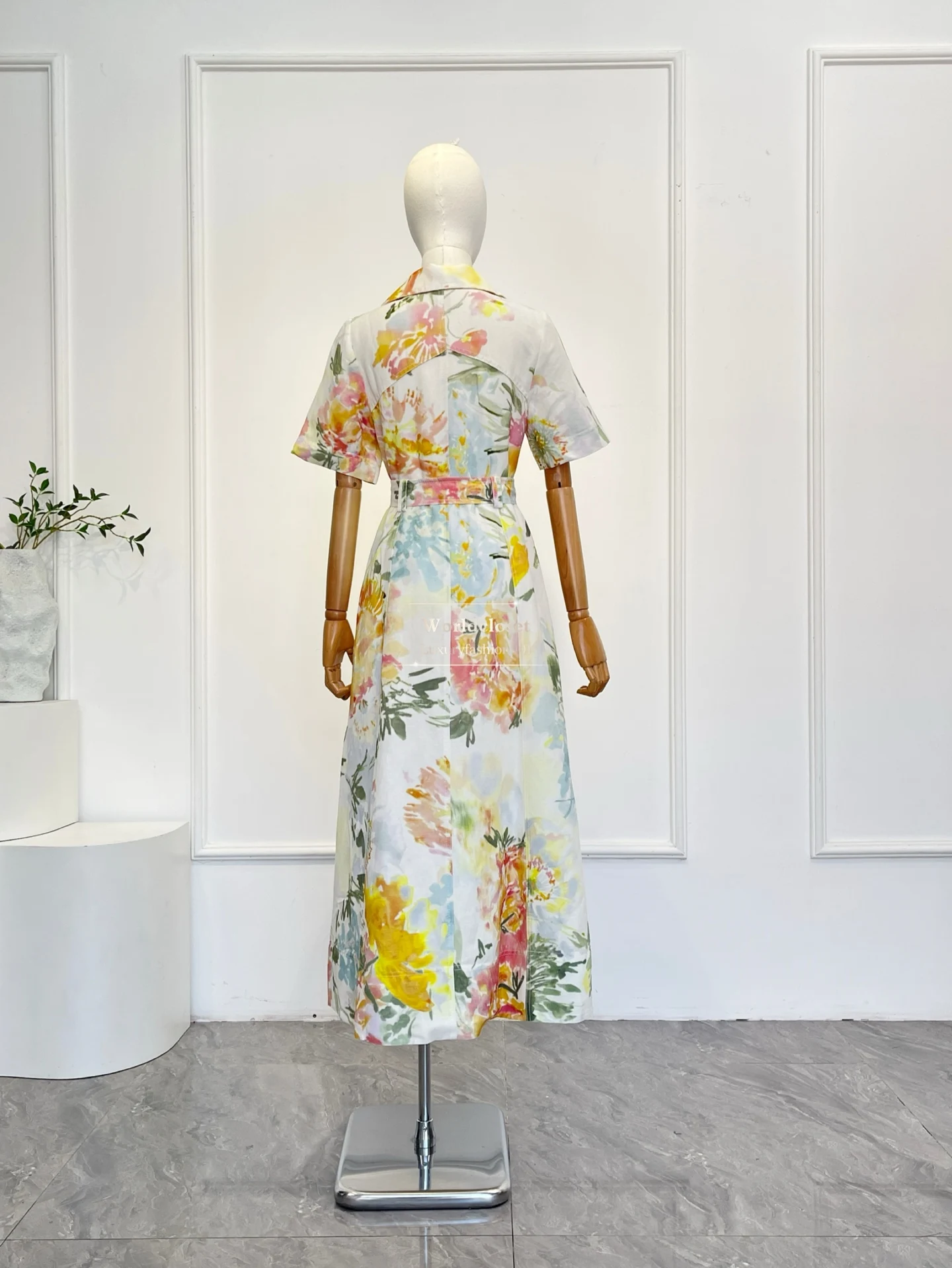 

2026 Linen Silk High Quality Floral Print Short Sleeve Belted Elegant Women Midi Dress