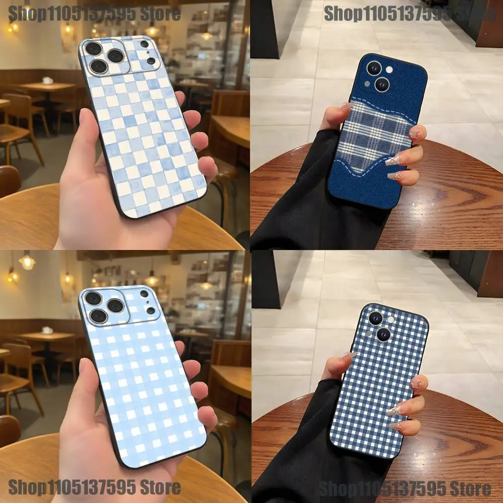 حافظة هاتف شبكية مخططة باللون الأزرق الكوري لهواتف iPhone 17,16,15,14,13,12,11,Pro,XS,Max,XR,Plus,E,SE4,غطاء ناعم أسود صغير