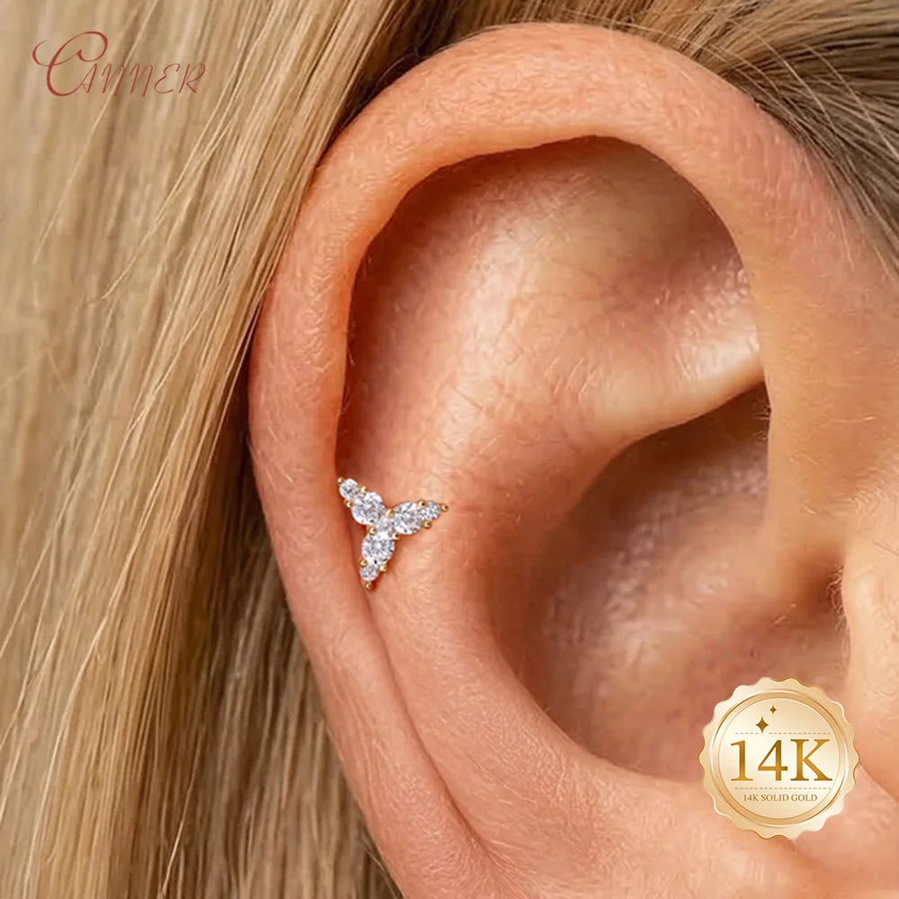 CANNER 14K Personalized Geometric DiamondSolid Gold Studded Piercing Earrings Women Girls Daily Casual Pendientes Jewelry Gifts