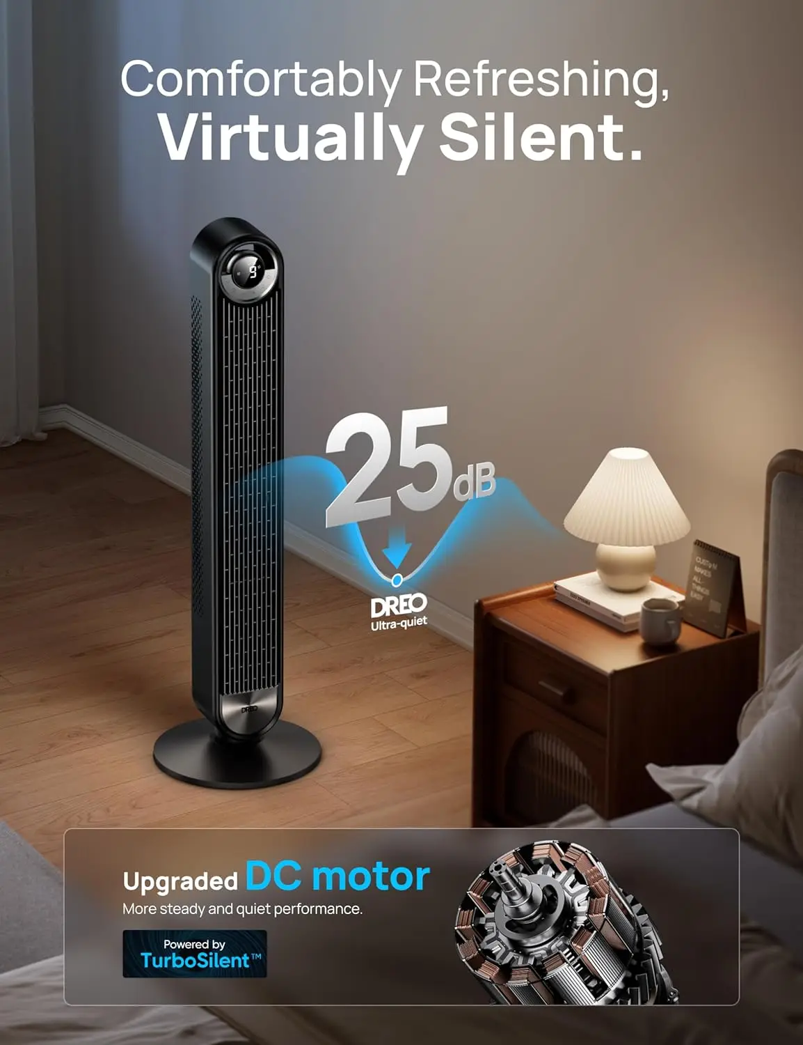 Tower Fan for Bedroom, Upgrated DC 9 Speeds Utral-Quiet Floor Fan, 90° Oscillating Fans for Indoors with 26ft/s Velocity