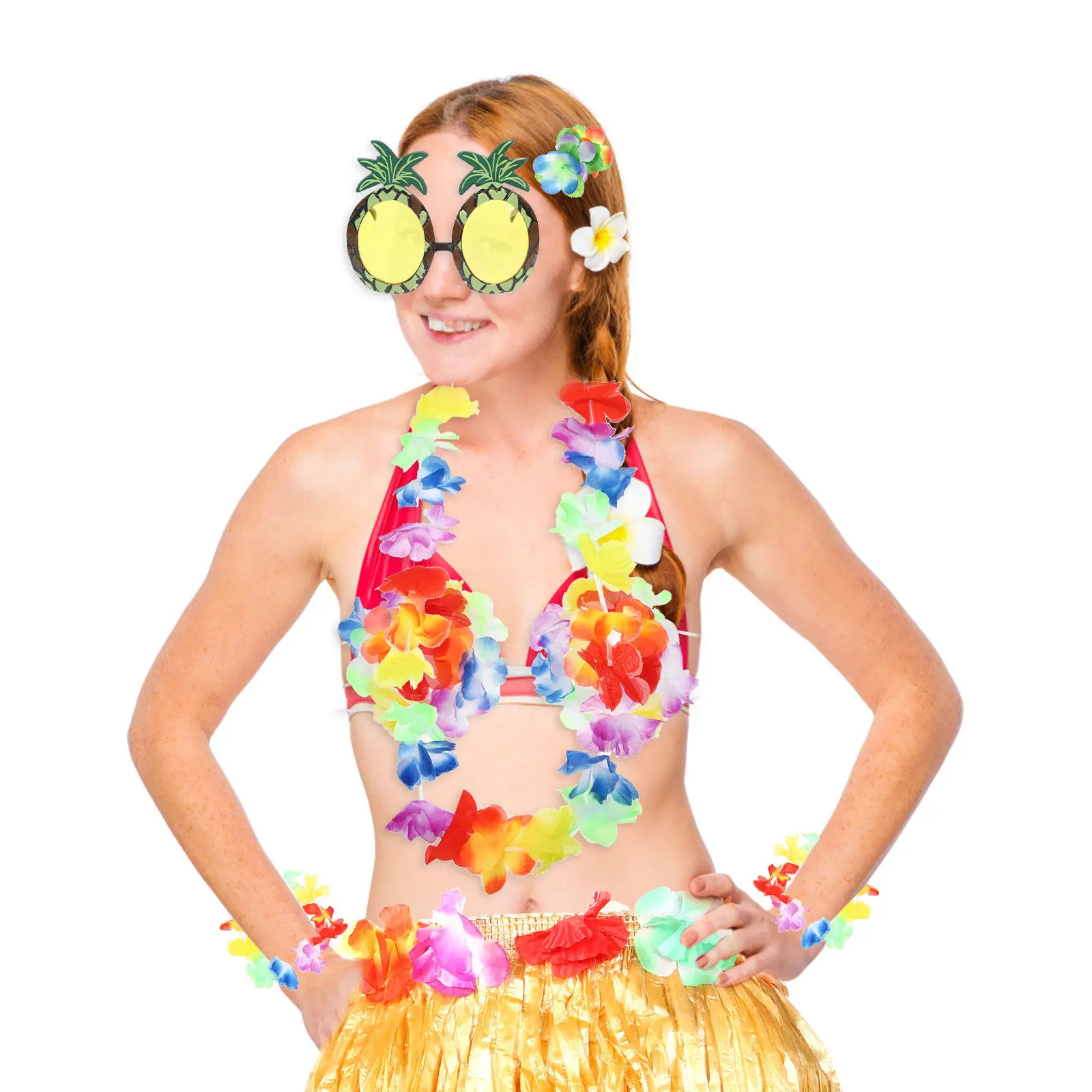1Set Hawaiian Grass Skirt Luau Party Dress Bikini Top Garland Bracelets Tropical Beach Hula Skirts for Women Grass Skirt