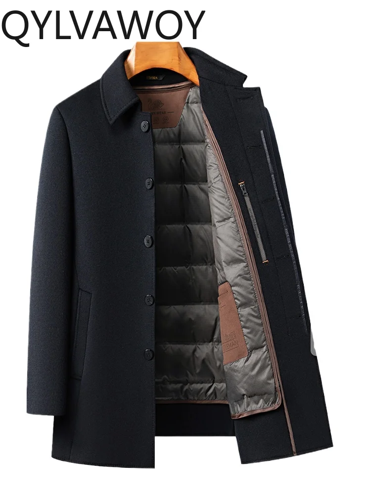 QYLVAWOY 100% Wool Men's Winter 100% Wool Thickened Double-Sided Woolen Coat Middle-Aged Casual Mid-Long Wool Outerwear LJ2081