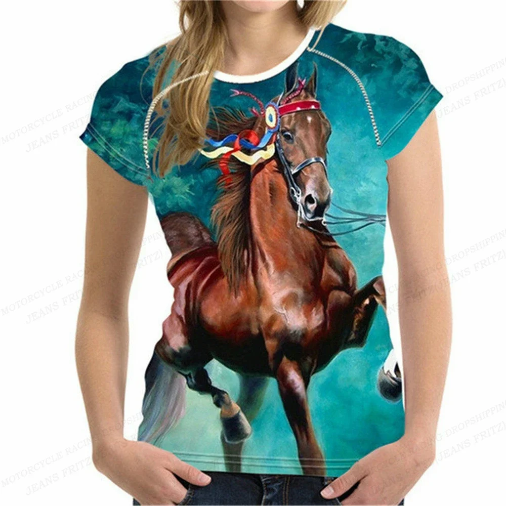 Camiseta con estampado 3d de caballo para mujer, Top de manga corta con cuello redondo de gran tamaño, ropa de animales para niña