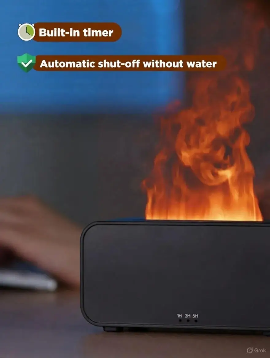 Mini Simulation Flame Humidifier with Colorful Atmosphere Light No Water Power Protection Timed Function for Home Bedroom Office