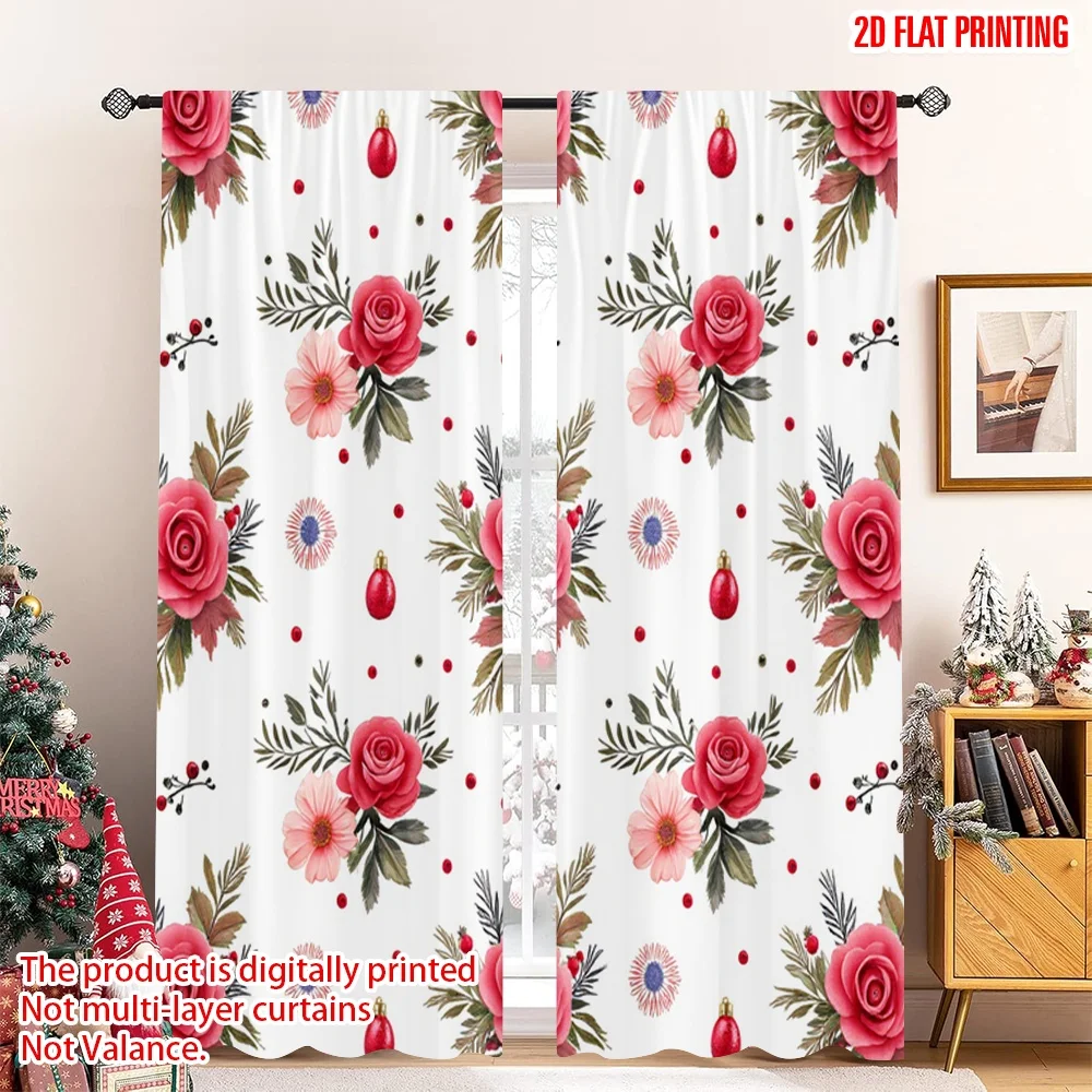 

2pcs 2D flat printing Christmas Party Curtain Red Snowflakes Flowers Ornaments 100% Polyester Fabric Without Electricity Festive
