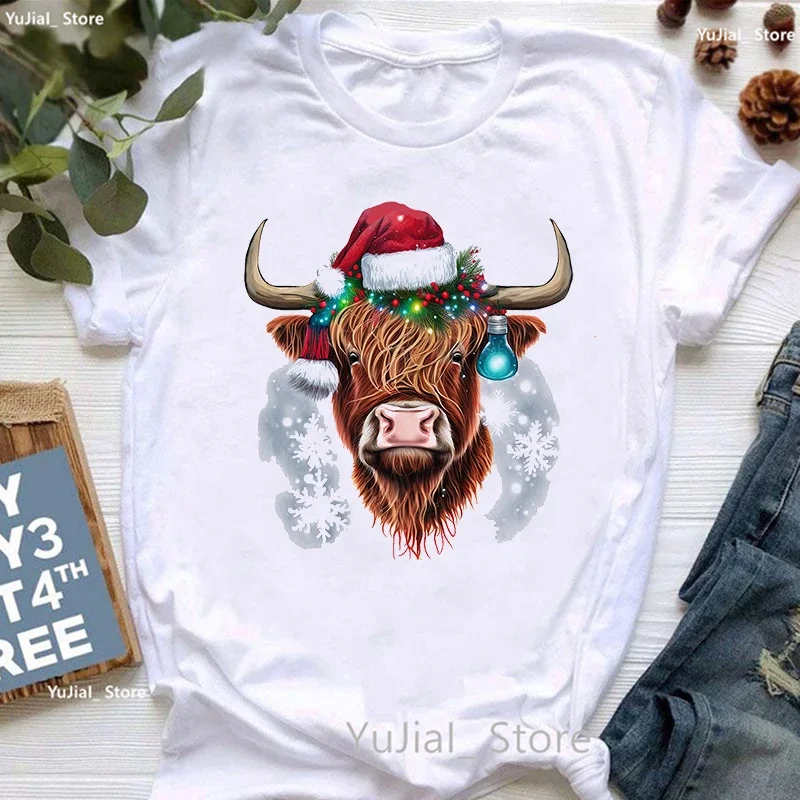 Christmas Highland Cow Animal Printed T Shirt Women'S Clothing Harajuku Kawaii Tshirt Femme White Short Sleeve T-Shirt Female