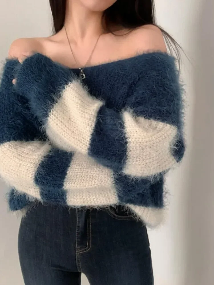 Sueter Mujer Fashion Striped Sweater Women Long Sleeve Hollow Out Mohair Jumper Casual Korean Knitted Thin Pullovers Y2k Tops