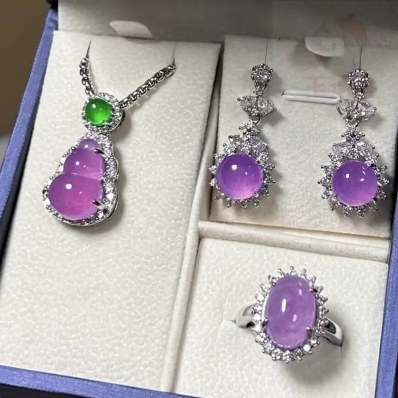 

Natural high-ice jadeite gourd pendant, long fringed stud earrings, inlaid with purple jade women's gift set.
