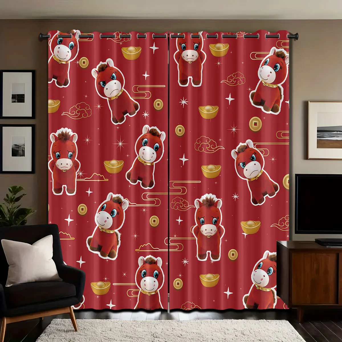 

2 шт. милых забавных штор с принтом плачущей лошадки, перфорированные, светонепроницаемые, разных размеров, для гостиной, спальни, теплоизоляционные, декоративные