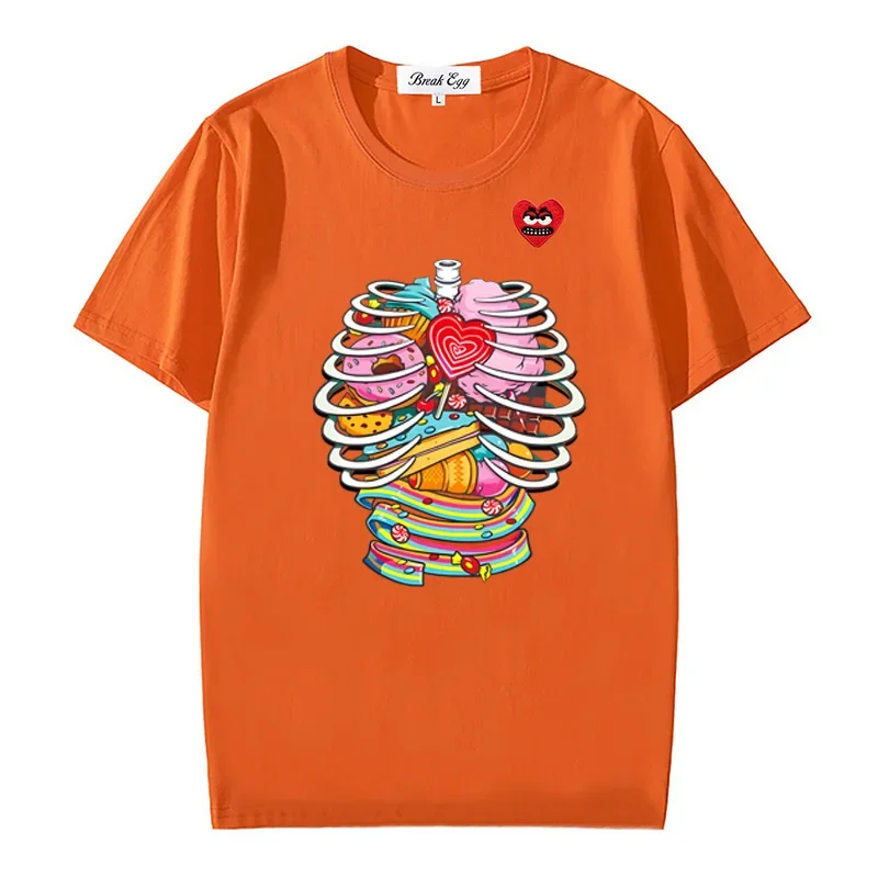 Diverse Desserts Printing Women Men T-shirt Cotton Cute Snag Heart Embroidery O-neck Short-sleeved Straight Summer T-shirt