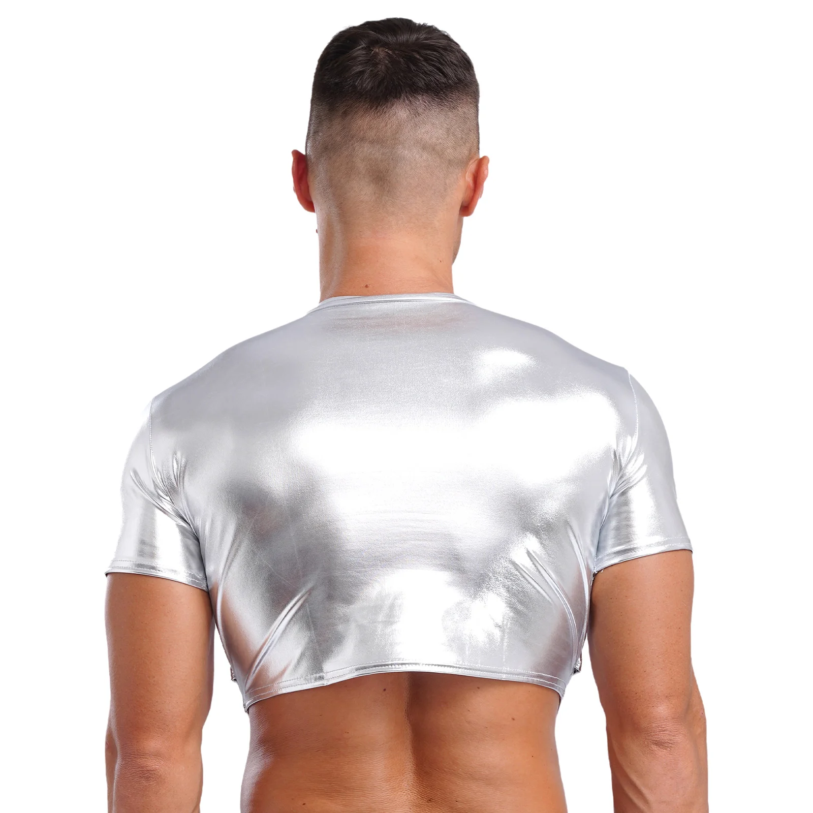 Mens Metallic Shiny Slim Crop Top Mock Neck Short Sleeve Cut Out Shirts Tops Fashion Blouses for Jazz Dance Disco Party Clubwear